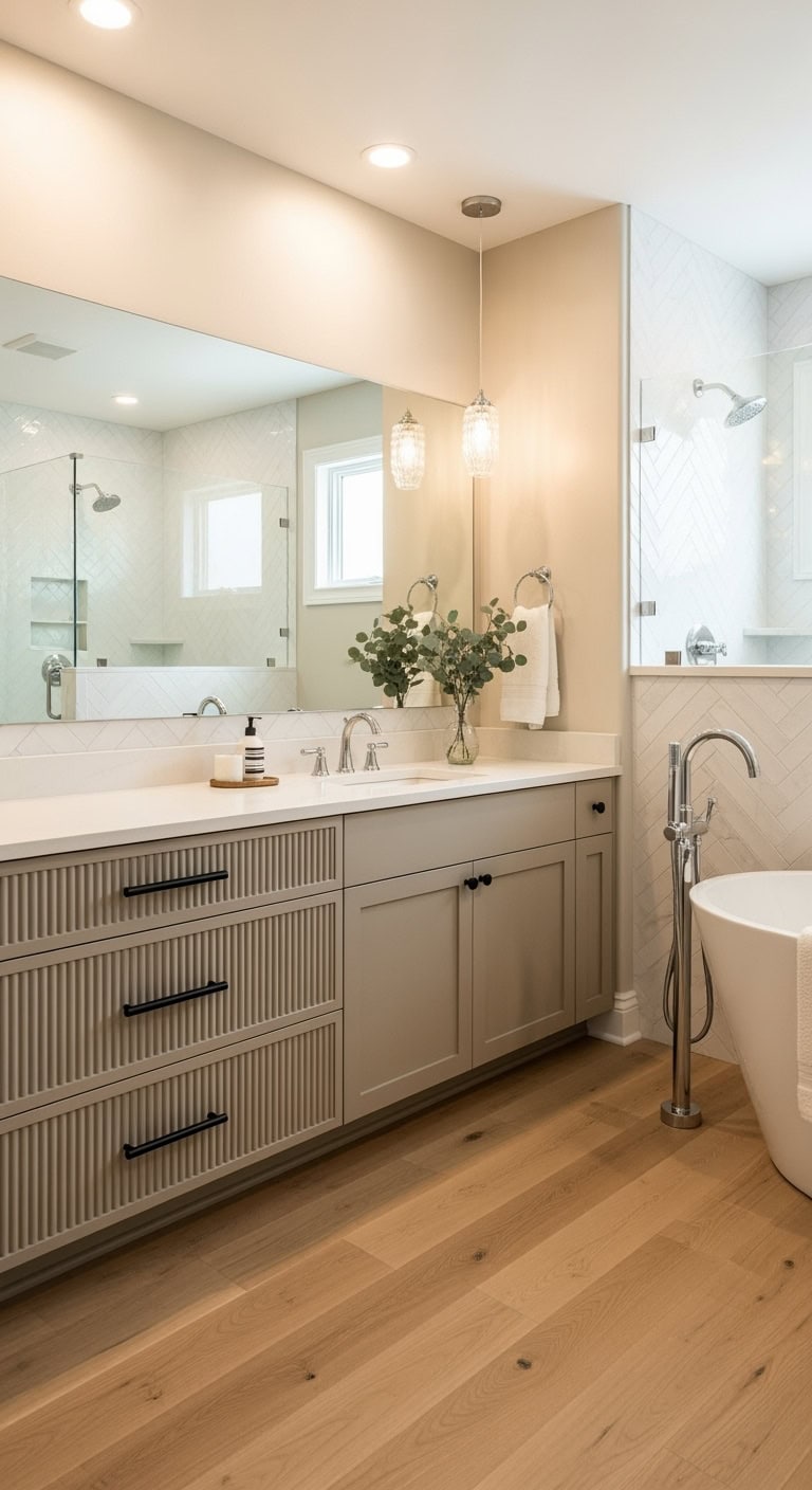 textured bathroom vanity with elegant drawers