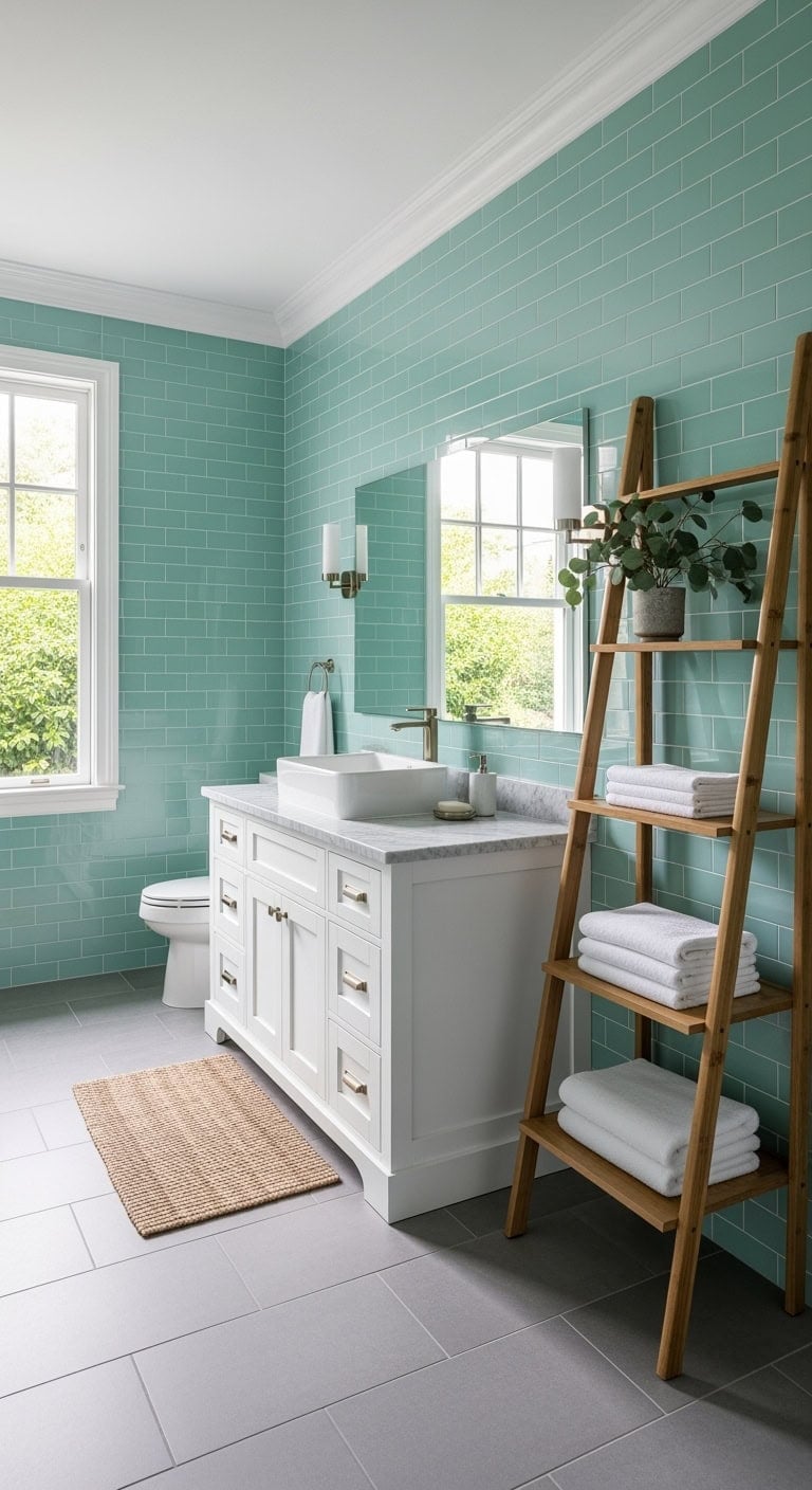 mint subway tile bathroom makeover