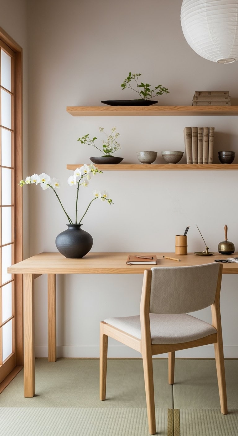 elegant minimalist workspace ikebana inspiration