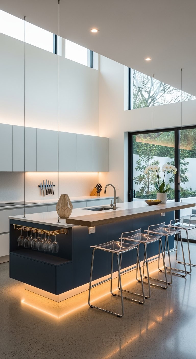 suspended underlit floating kitchen island