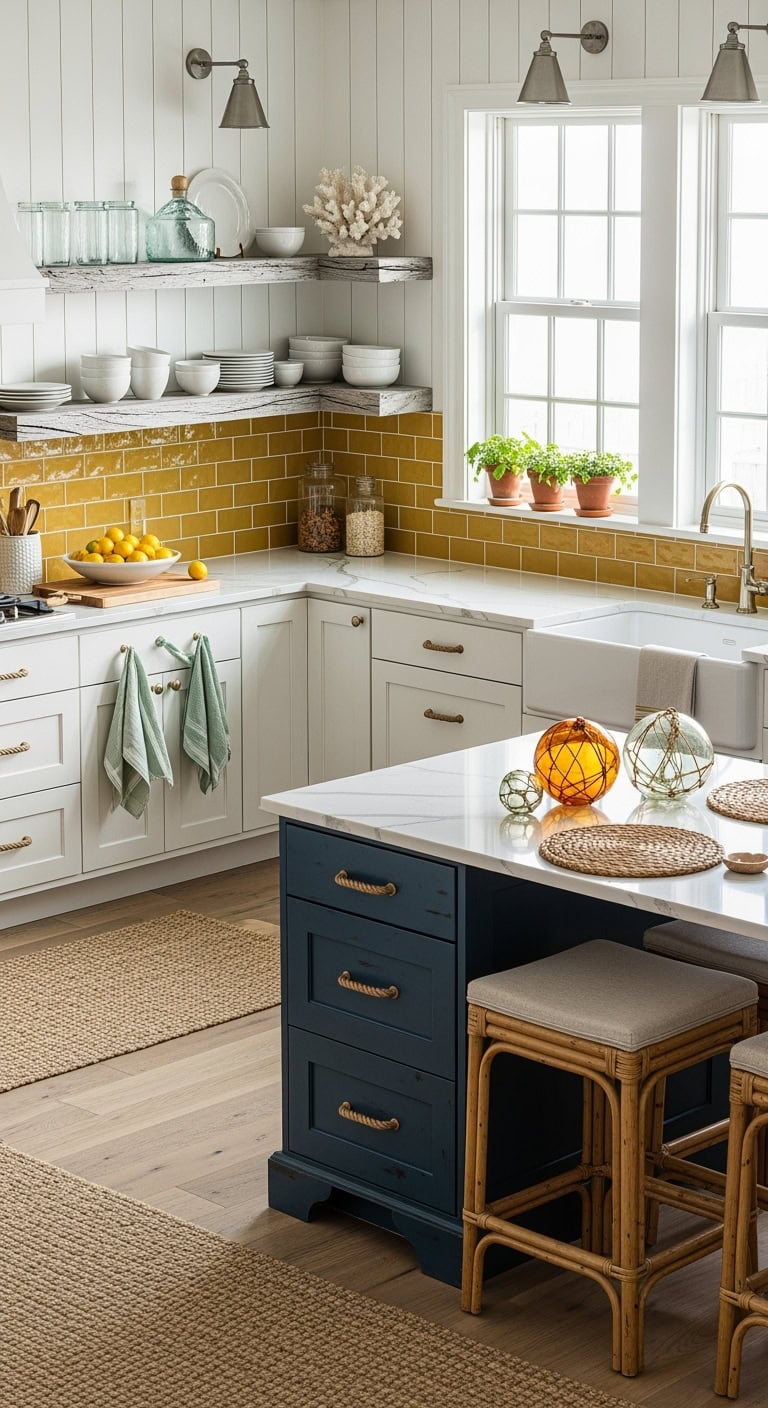 coastal kitchen with mustard
