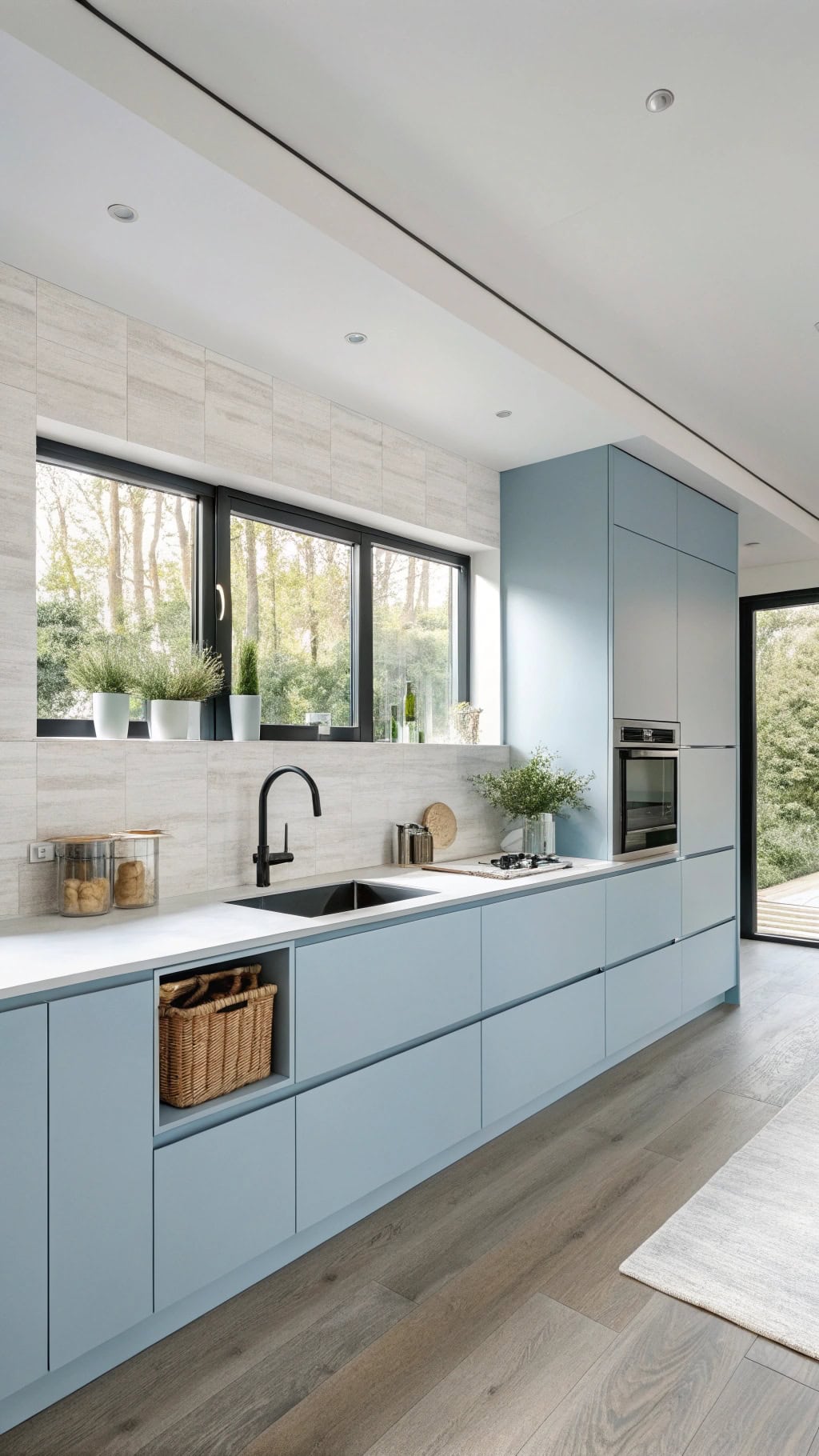 handleless pastel blue cabinetry