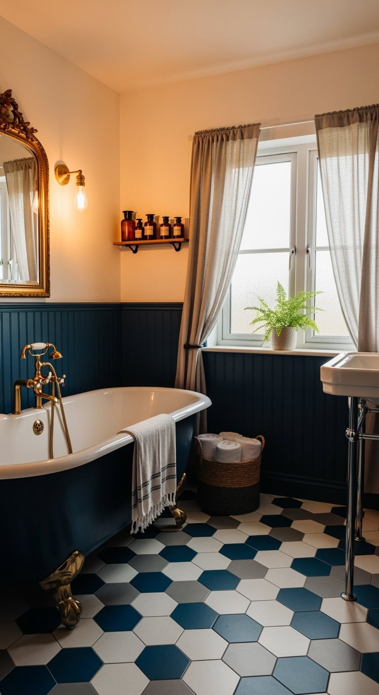 moody ornate victorian navy bathrooms