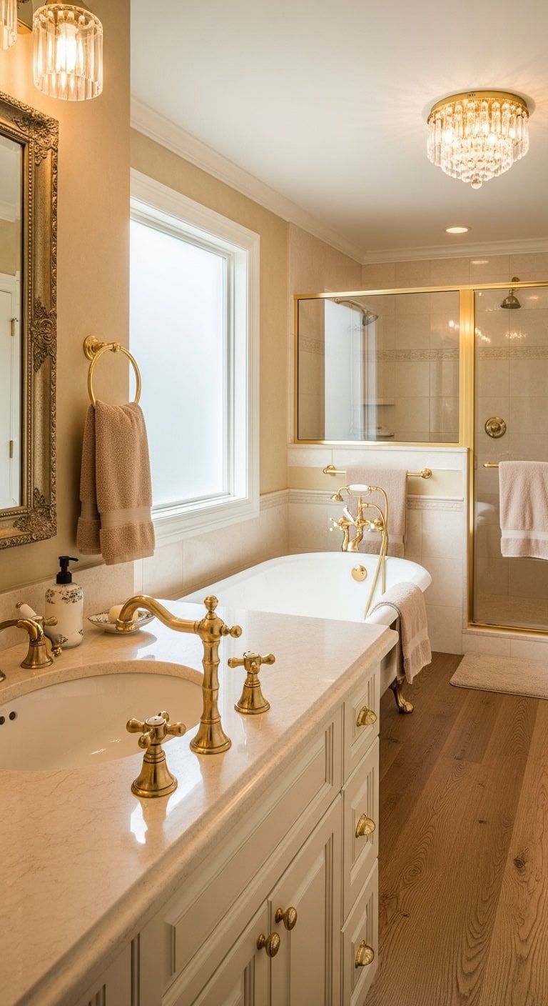 gilded bathroom hardware shines opulently