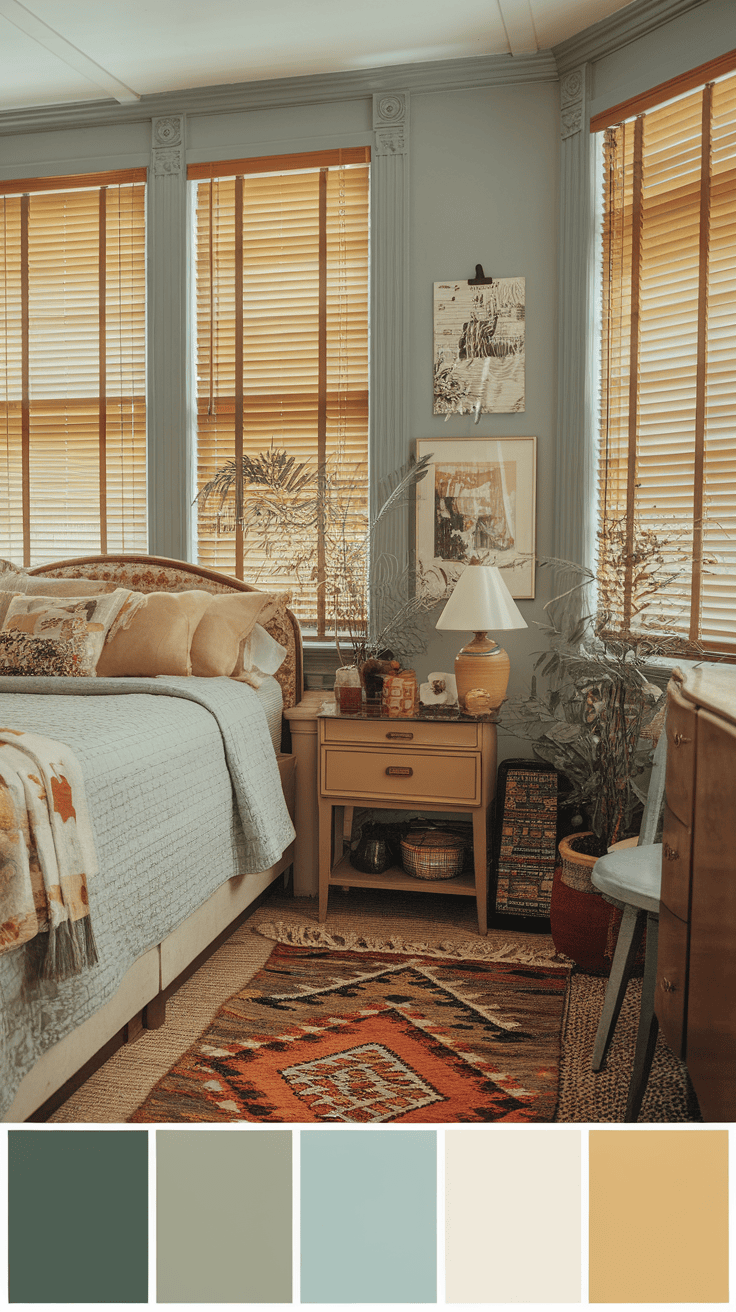 A cozy bedroom featuring yellow blinds, a layered bed with various pillows, and eclectic decor.