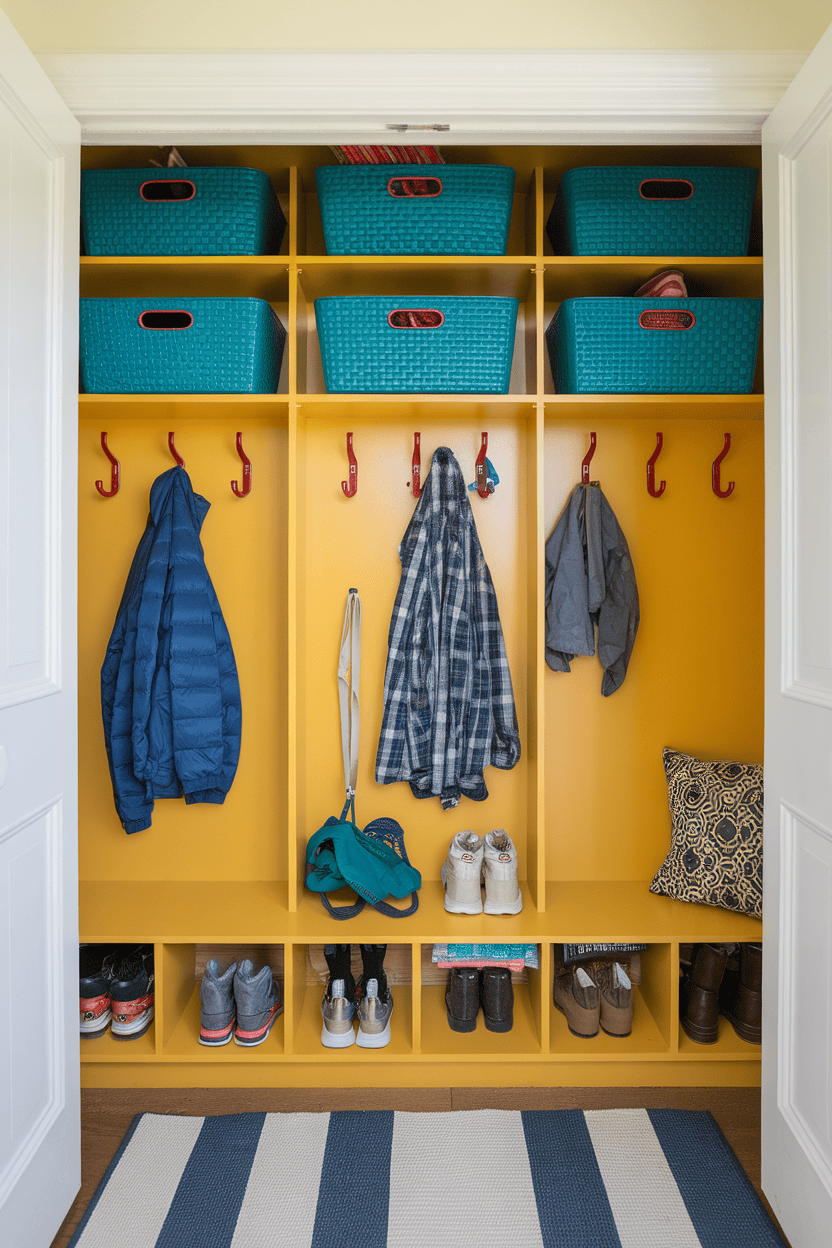 A bright yellow mudroom closet with blue storage baskets, hooks for coats, and neatly arranged shoes