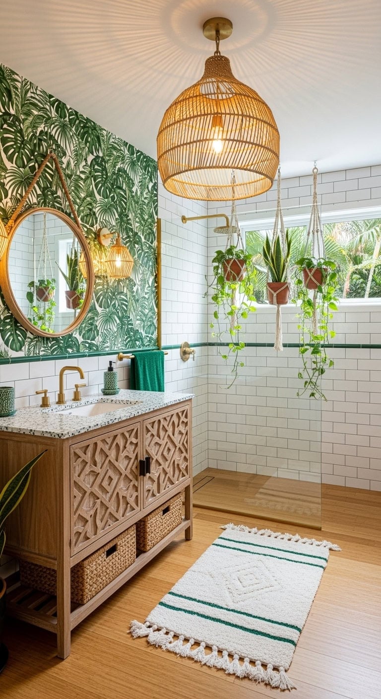 emerald botanical bohemian bathroom