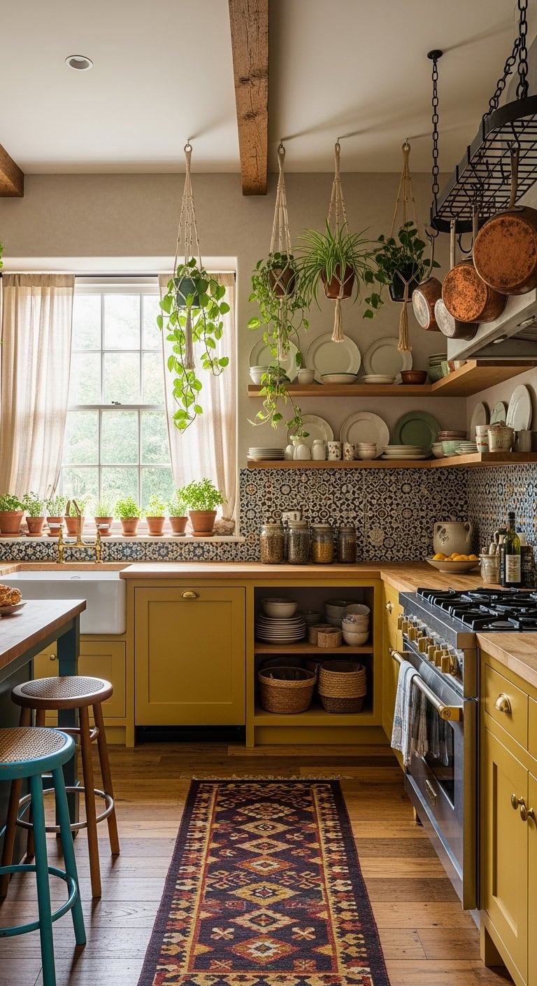 eclectic bohemian mustard kitchen
