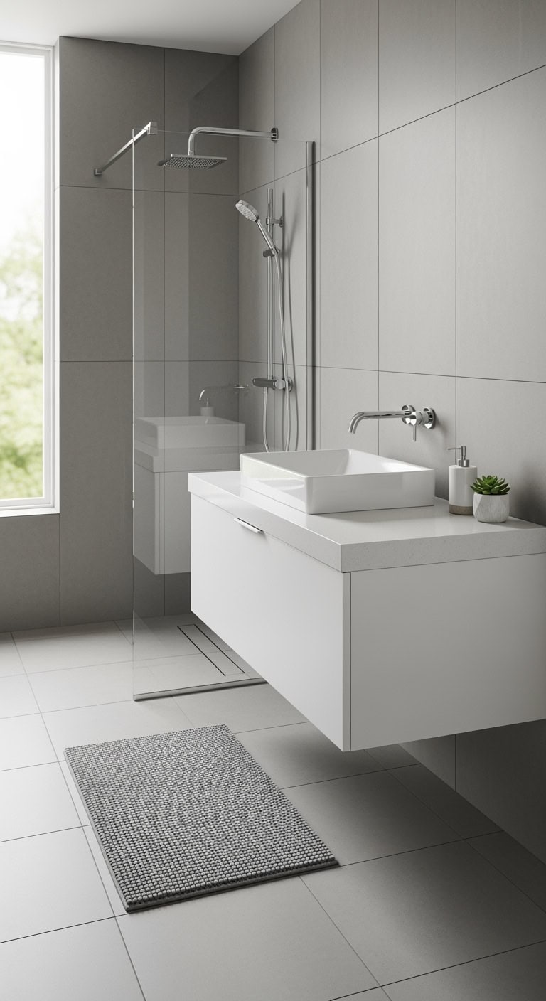 sleek gray tiles floating vanity