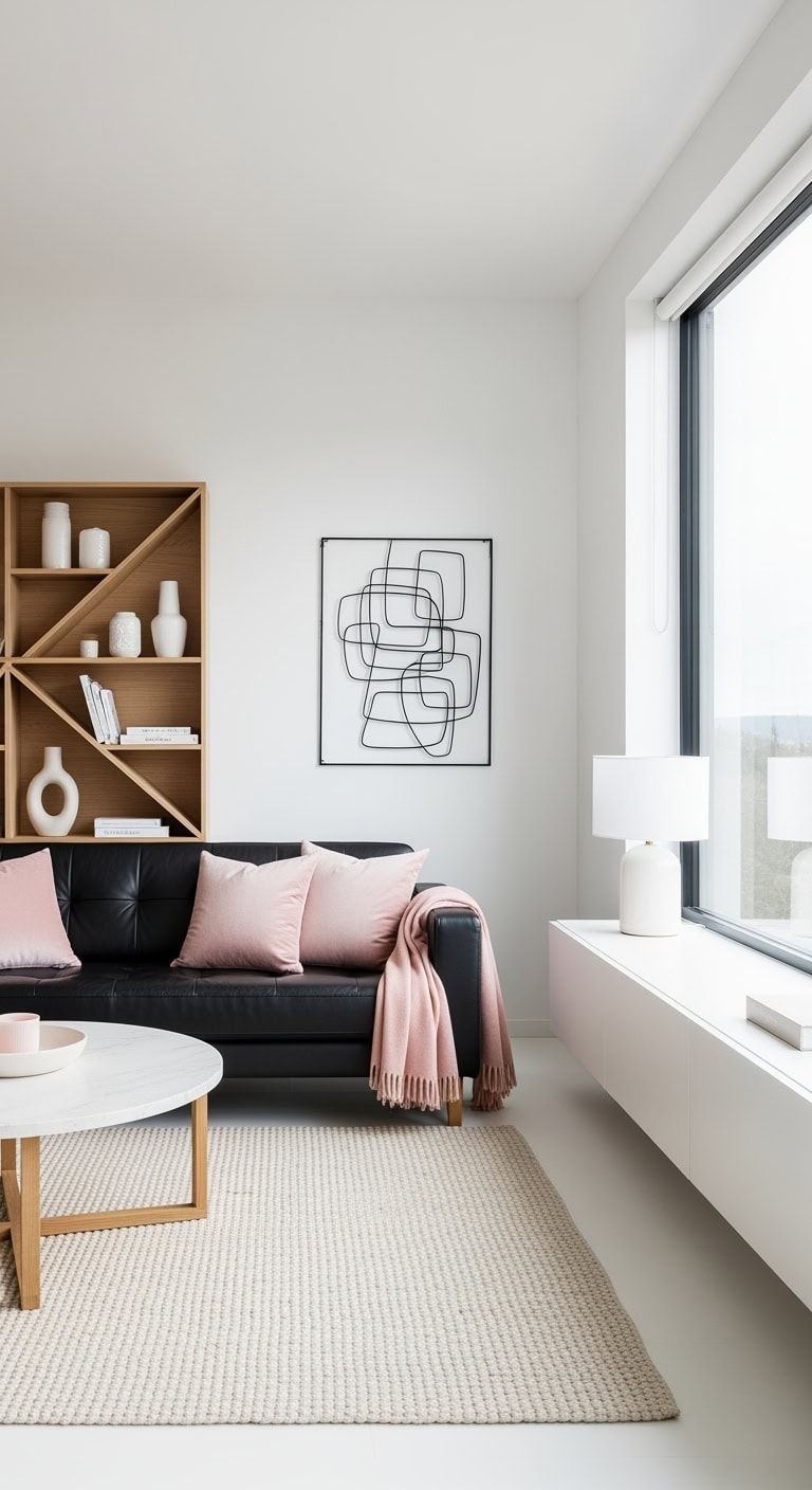 pale pink pillows black leather