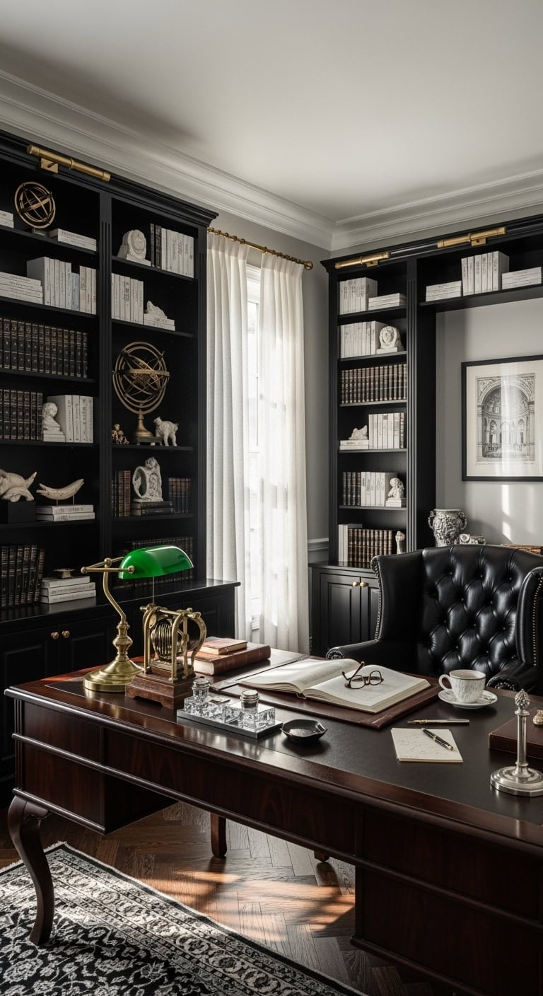 sophisticated dark academia library design