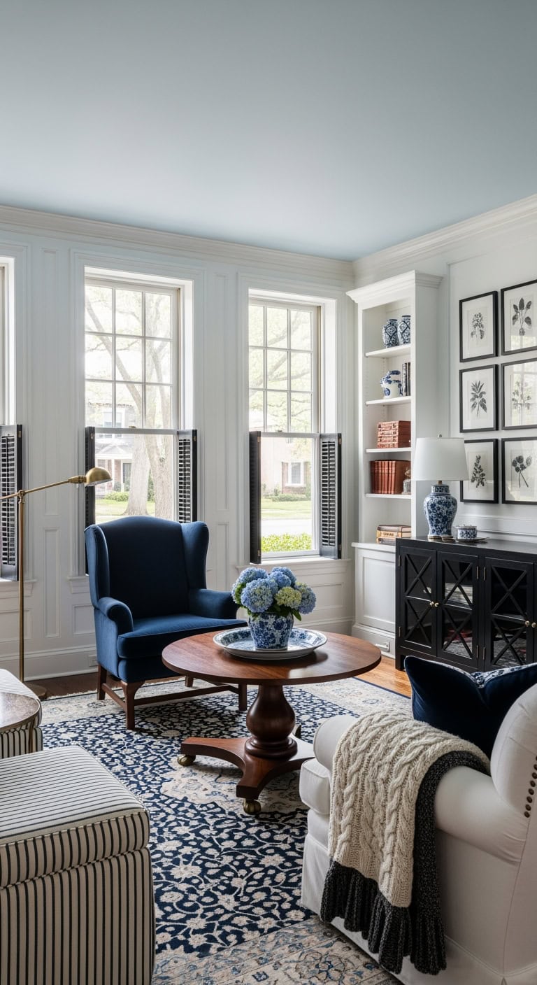 crisp colonial black and white interiors