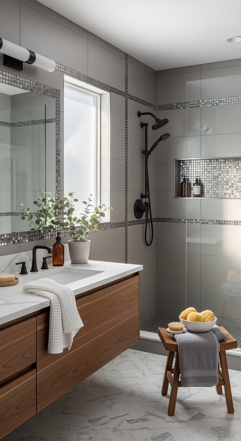 luxurious metallic gray bathroom accents