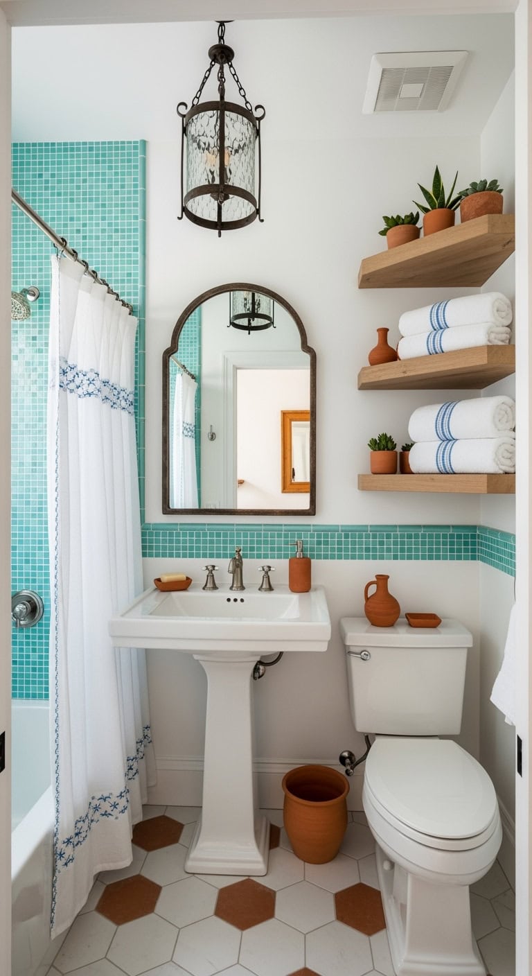 santorini inspired turquoise terracotta bath
