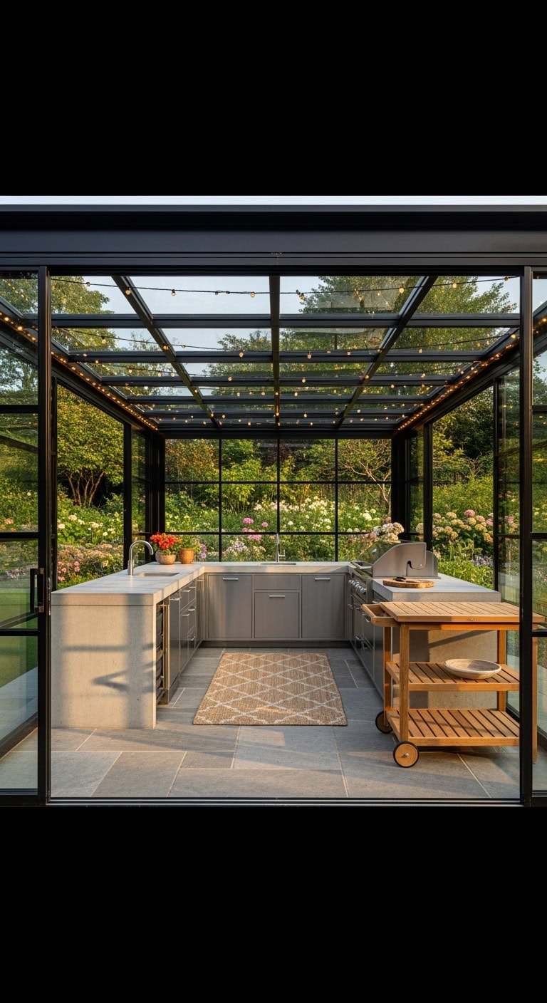 glass walled outdoor cooking pavilion