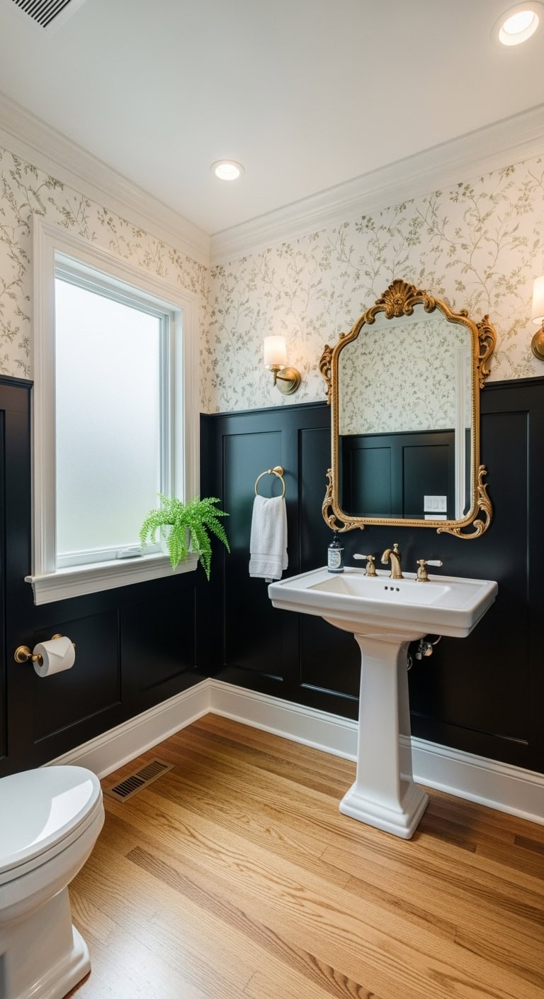 sophisticated black powder room wainscoting