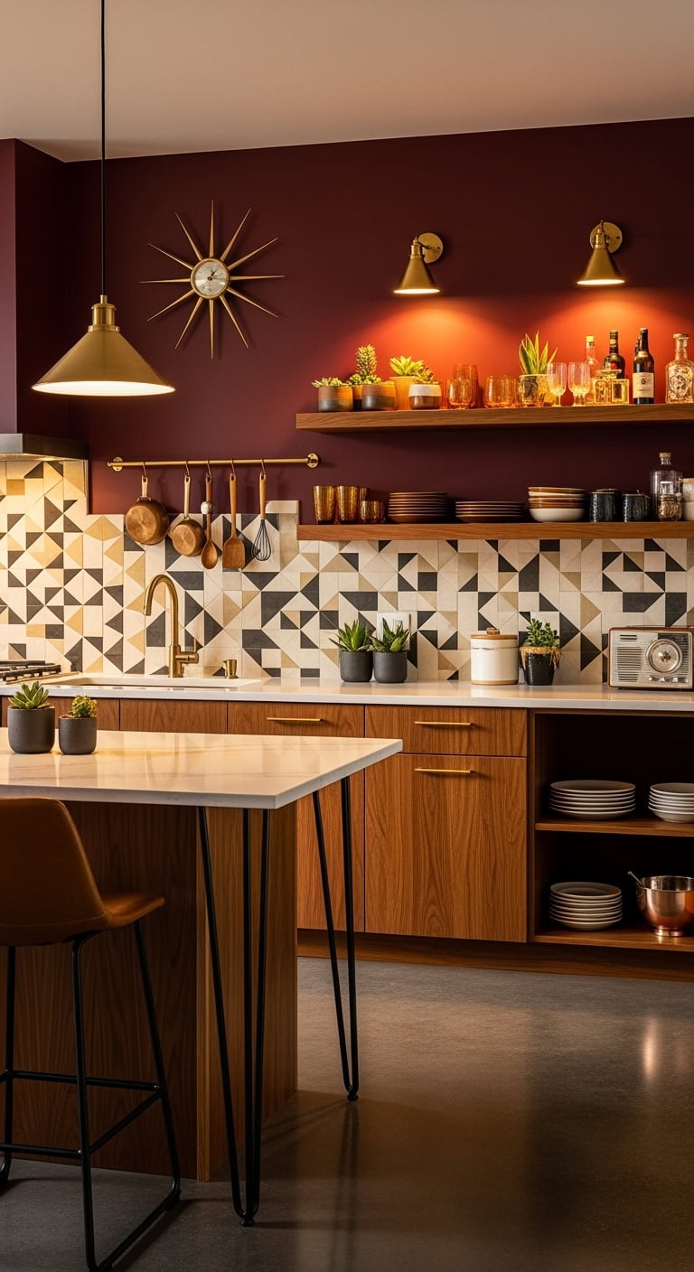midcentury modern burgundy kitchen