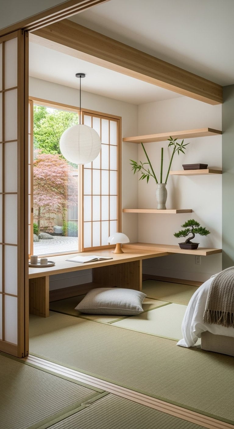 minimalist japanese inspired tatami workspace