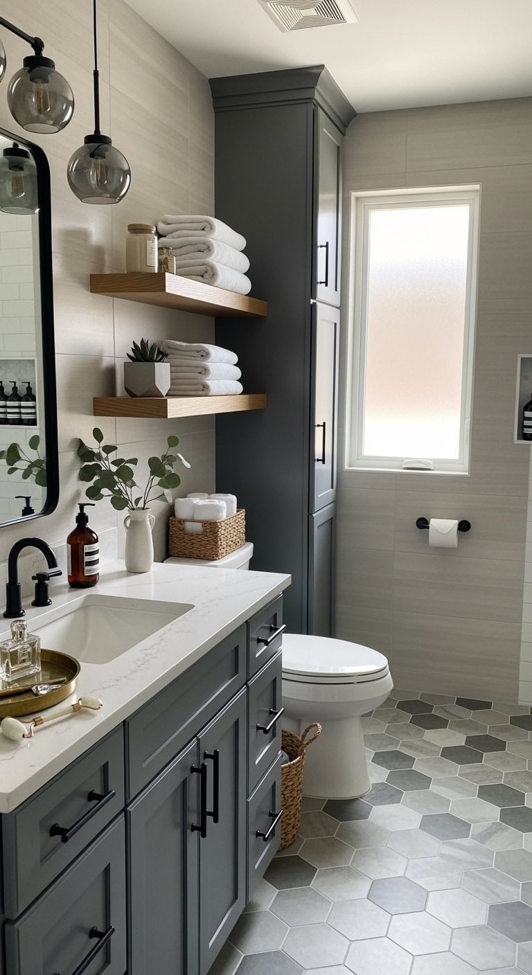 layered hardware elevates minimalist bathrooms