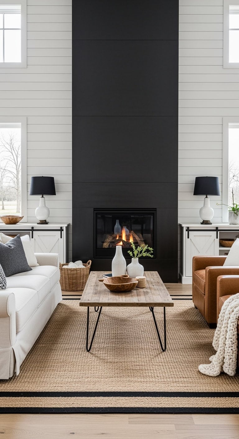 matte black fireplace with shiplap