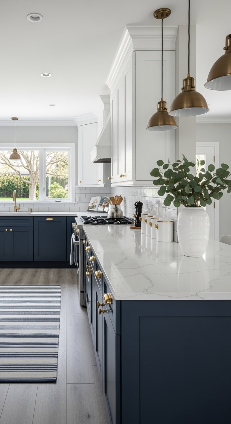 navy cabinets with white quartz
