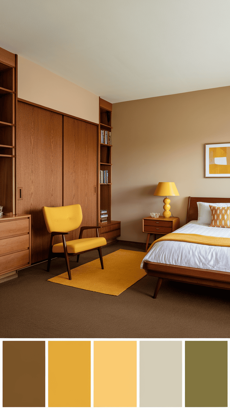 A stylish yellow mid century bedroom featuring wooden furniture and decor.
