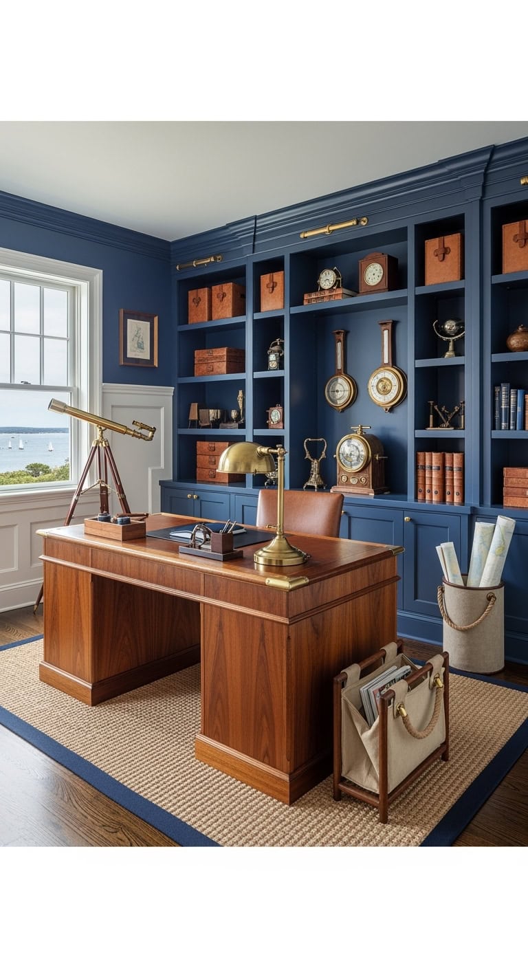 nautical navy brass workspace