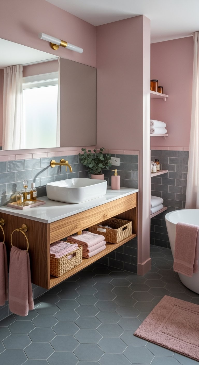 sophisticated pink gray boutique hotel bathroom