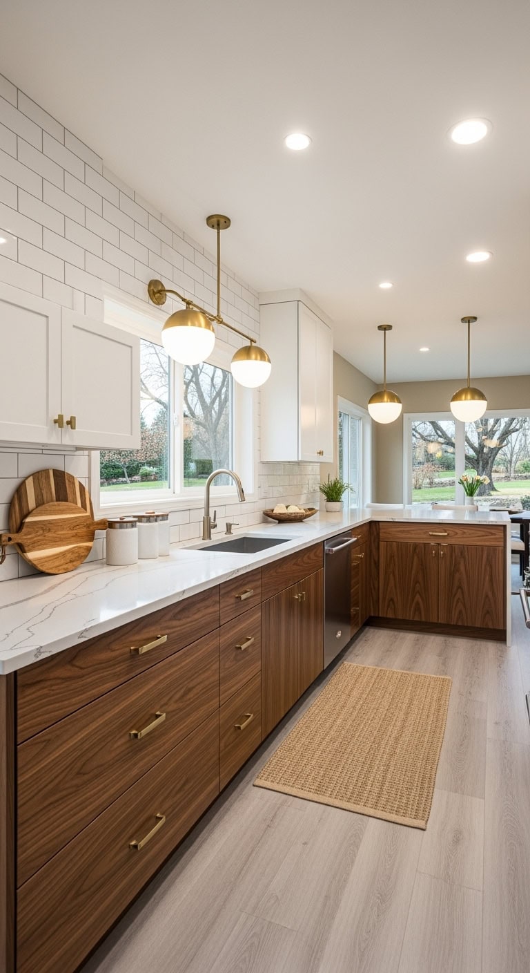 white veined quartz with walnut