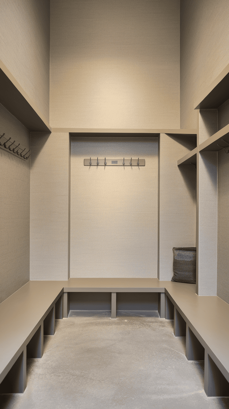 Sleek modern mudroom with minimalist wallpaper and built-in seating