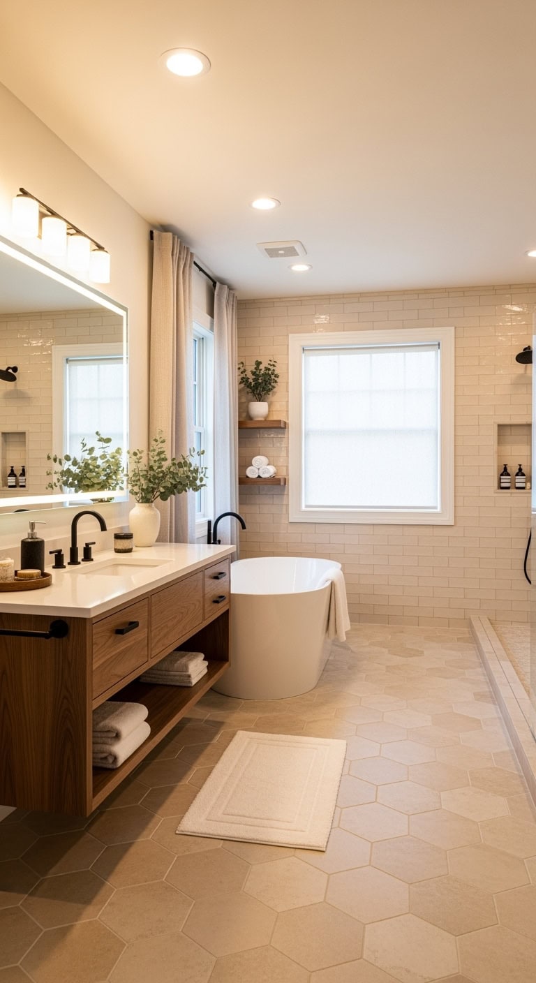 beige hexagonal bathroom floor tiles