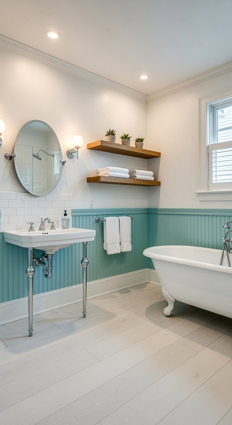 charming coastal cottage bathroom wainscoting
