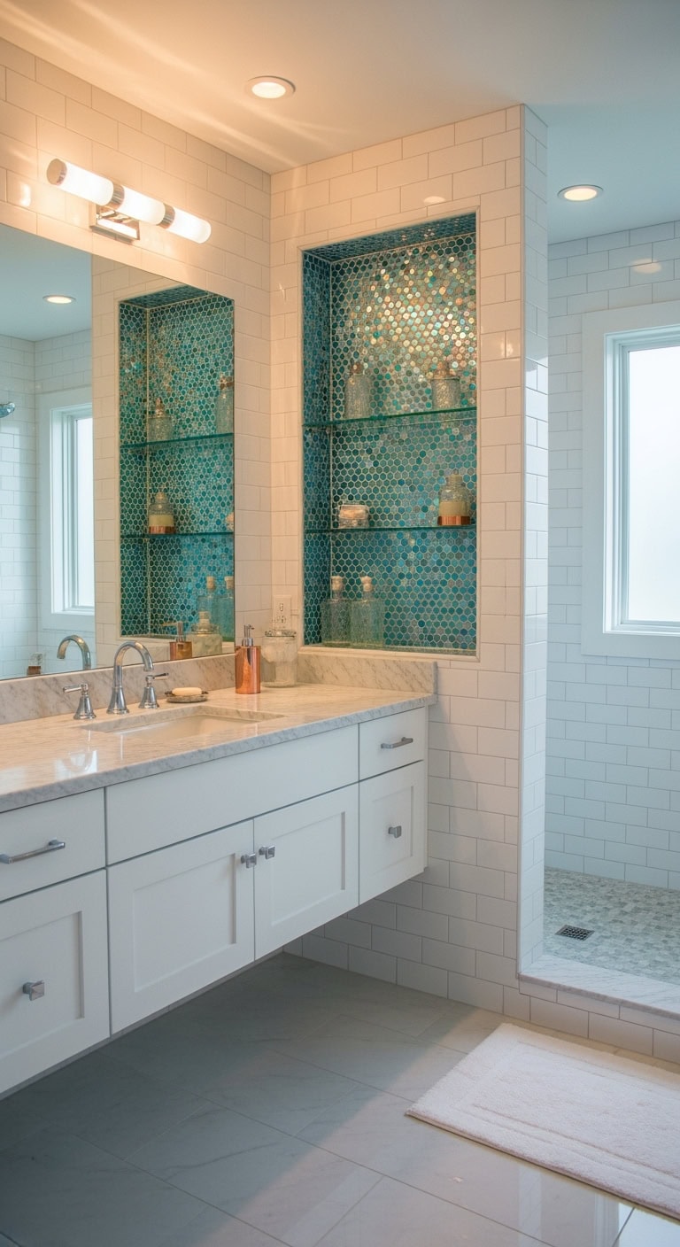 turquoise mosaic shower niche bliss