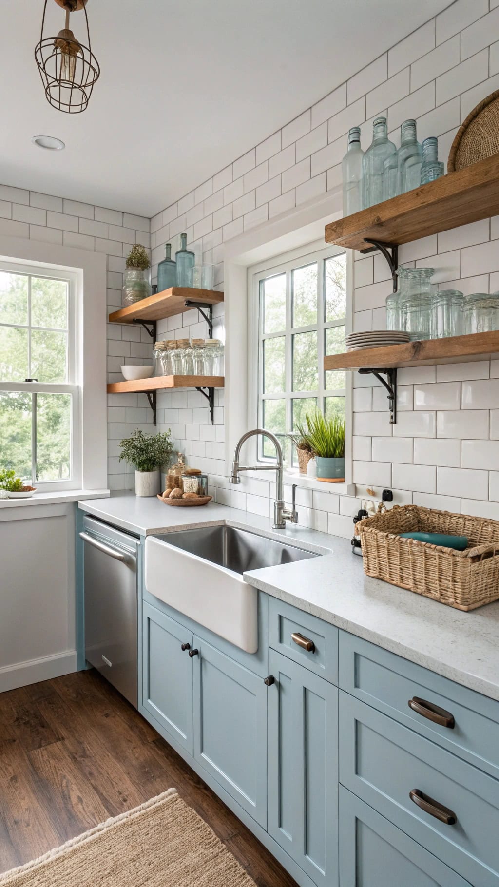 powder blue open shelving