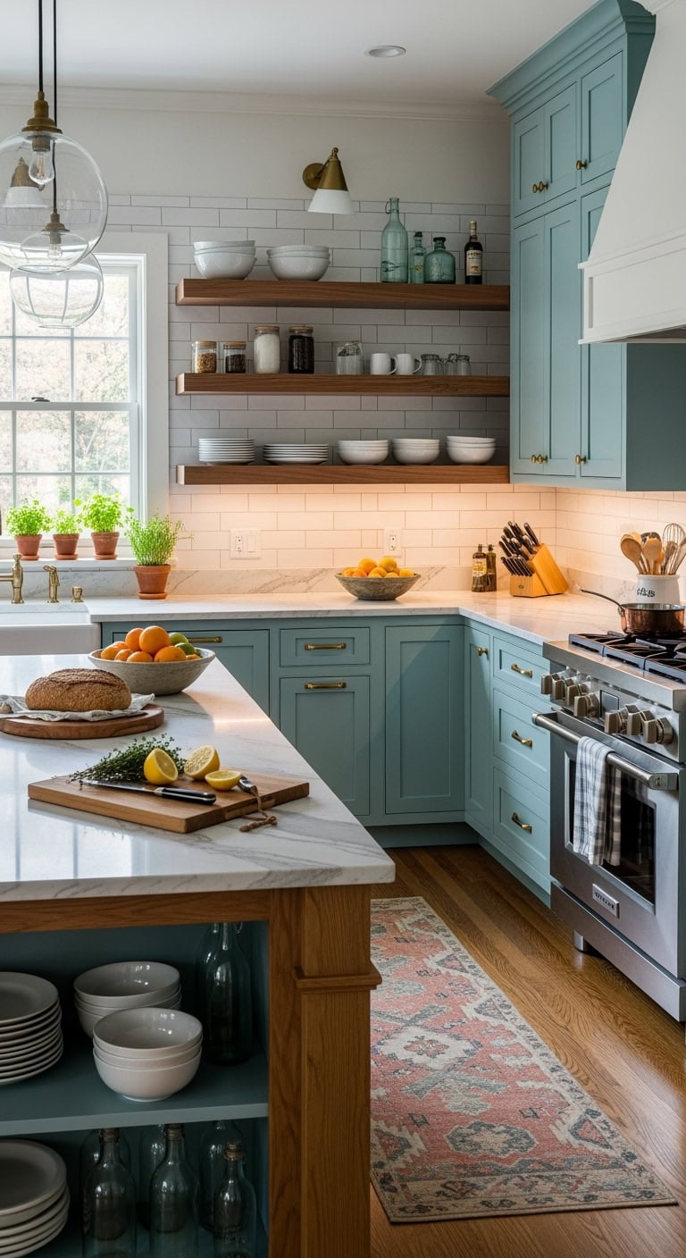 turquoise coastal grounded glowing kitchen