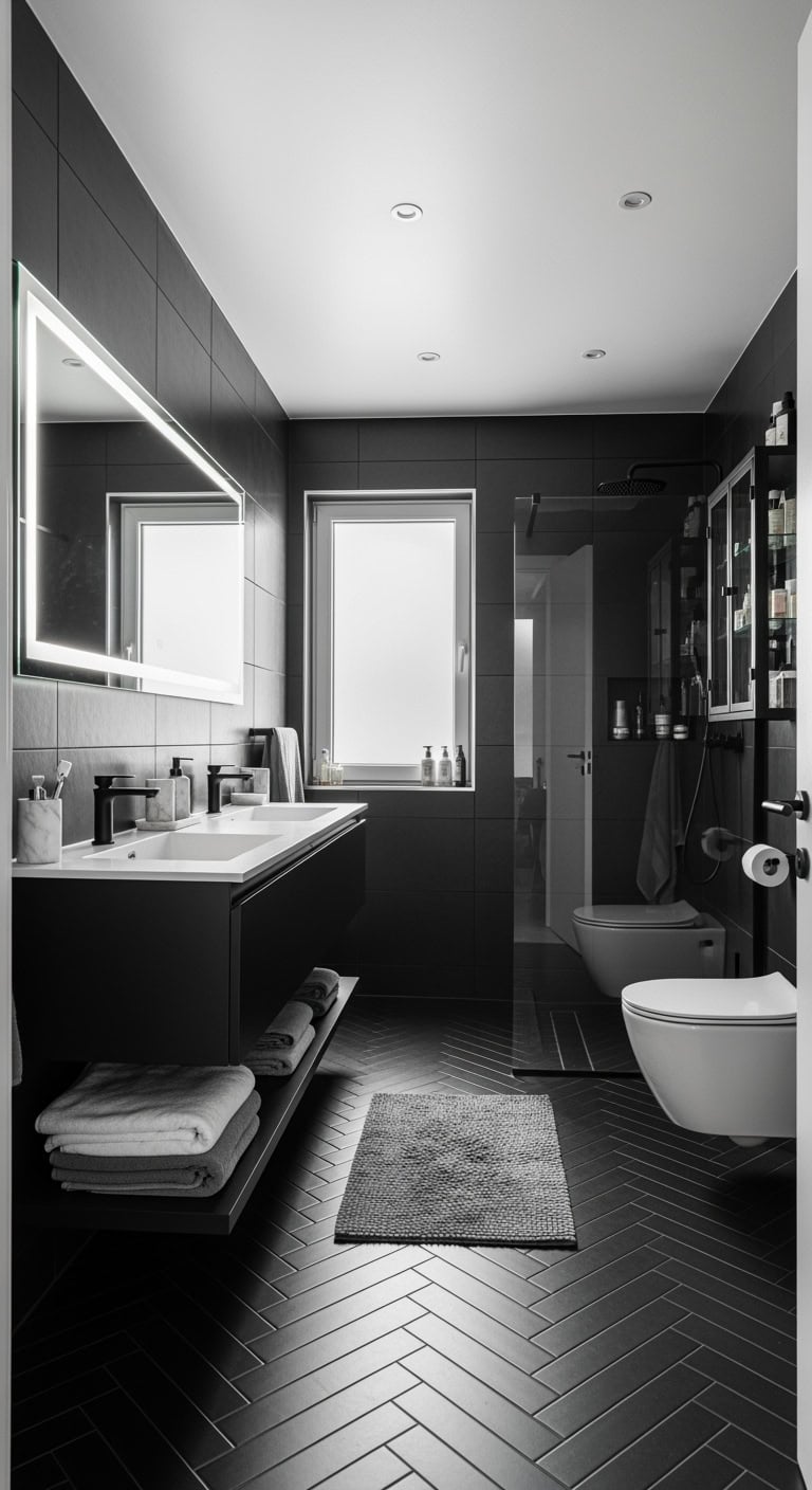 sleek black tiled bathroom