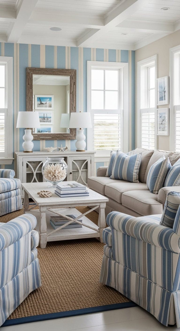 sky blue sandy striped coastal decor
