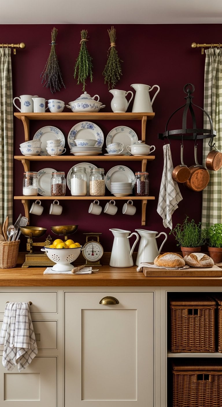 cozy cottage burgundy kitchen