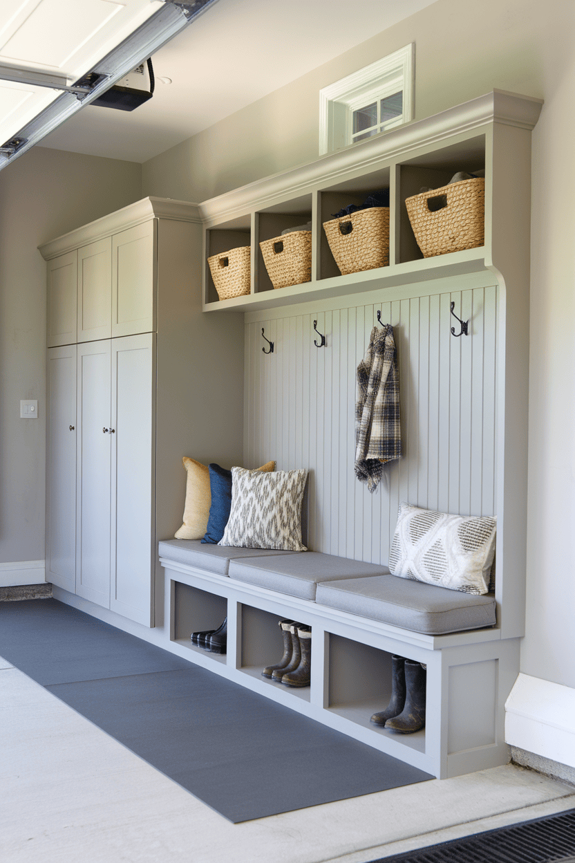 Stylish garage mudroom with bench seating and storage baskets
