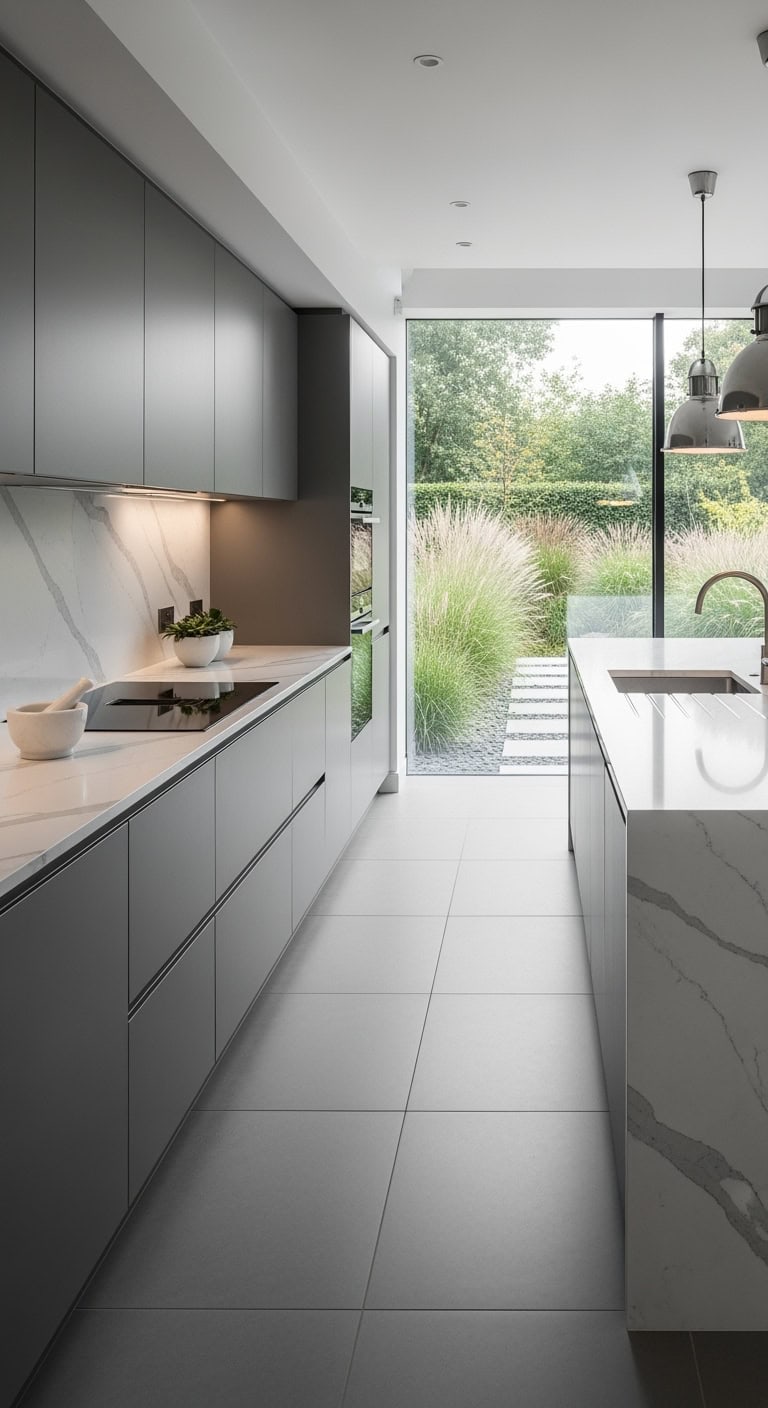 seamless handle free grey cabinetry