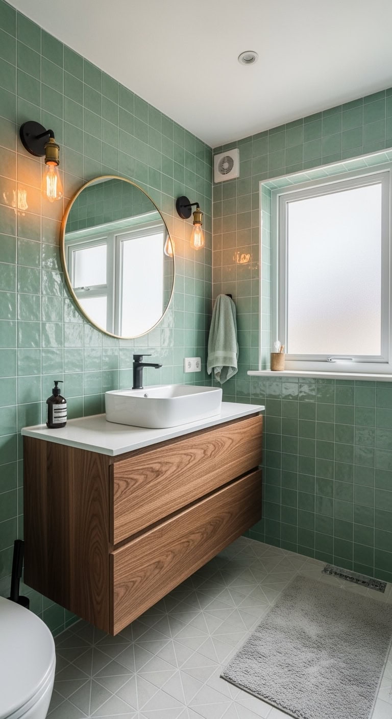 spa like green subway tile bathroom