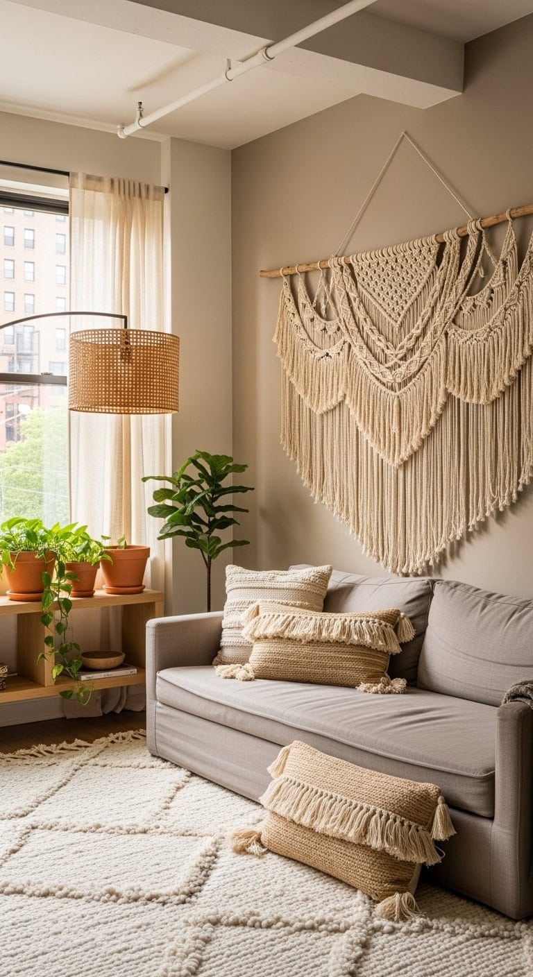 textured boho statement above sofa