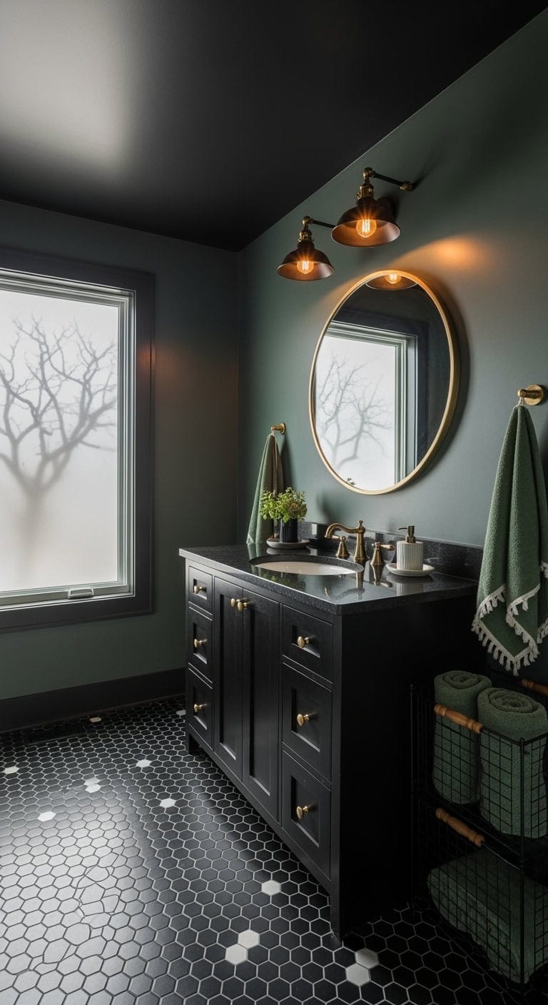 charcoal green bathroom drama