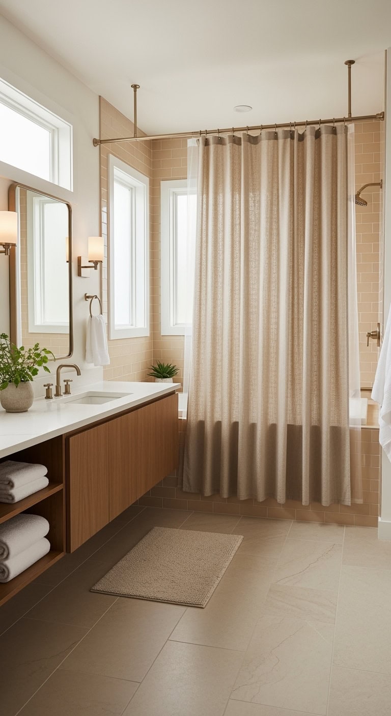 relaxed cozy beige linen shower curtain