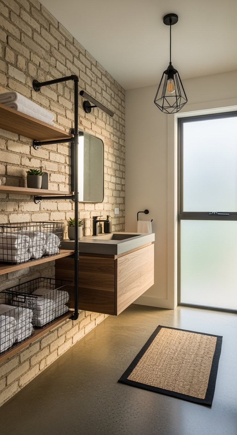 industrial beige brick bathroom