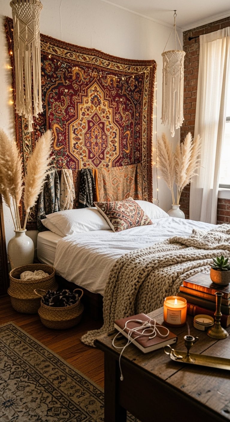 bohemian tapestry headboard creates cozy sanctuary