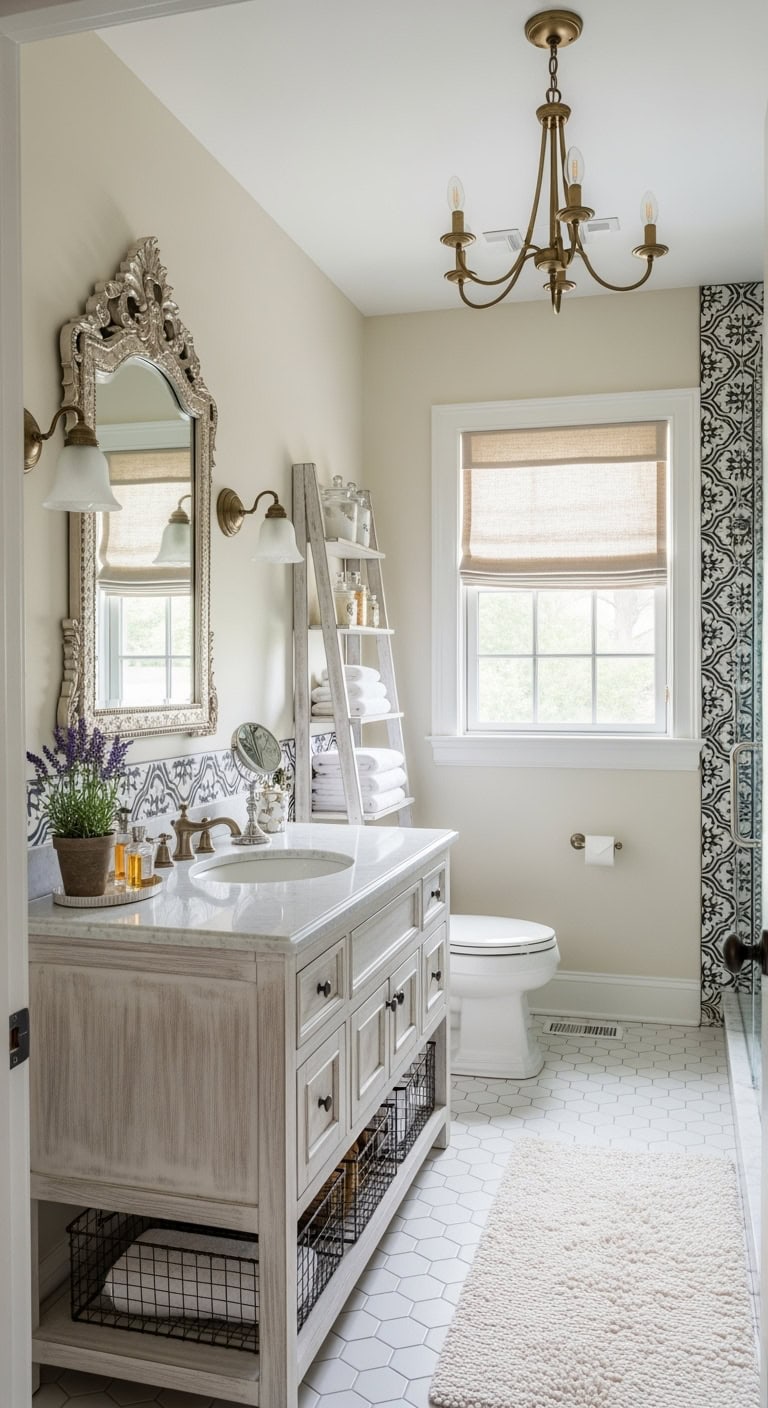 parisian inspired distressed white bathroom