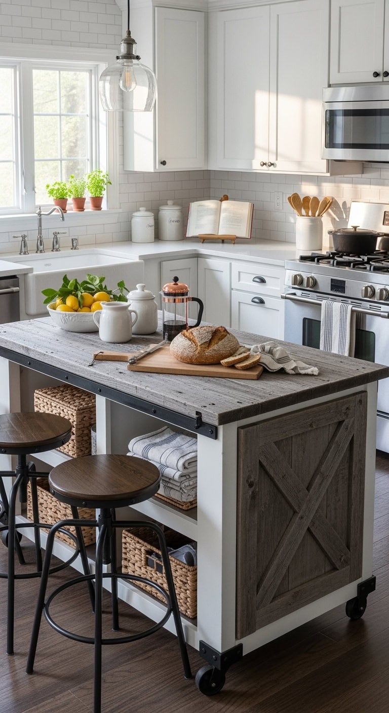 farmhouse inspired weathered wood kitchen island