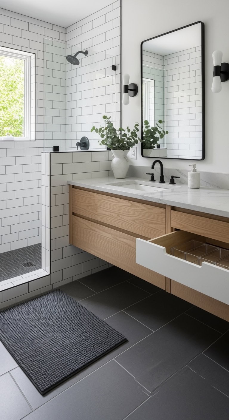 white subway tiles dark grout