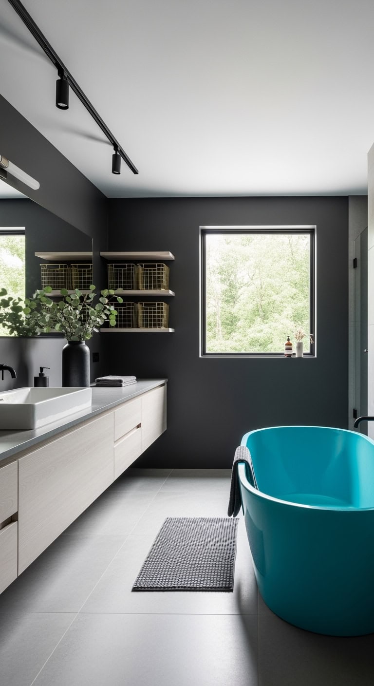 graphite walls with teal tub